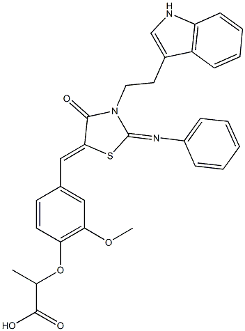 2-(4-{[3-[2-(1H-indol-3-yl)ethyl]-4-oxo-2-(phenylimino)-1,3-thiazolidin-5-ylidene]methyl}-2-methoxyphenoxy)propanoic acid Structure