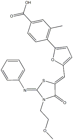 4-(5-{[3-(2-methoxyethyl)-4-oxo-2-(phenylimino)-1,3-thiazolidin-5-ylidene]methyl}-2-furyl)-3-methylbenzoic acid Struktur