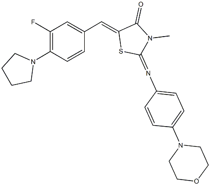 5-[3-fluoro-4-(1-pyrrolidinyl)benzylidene]-3-methyl-2-{[4-(4-morpholinyl)phenyl]imino}-1,3-thiazolidin-4-one Struktur