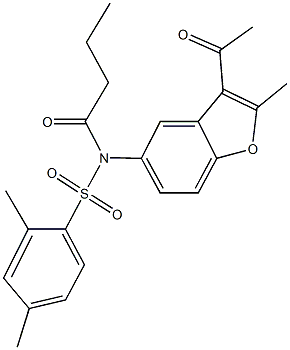 N-(3-acetyl-2-methyl-1-benzofuran-5-yl)-N-butyryl-2,4-dimethylbenzenesulfonamide 结构式