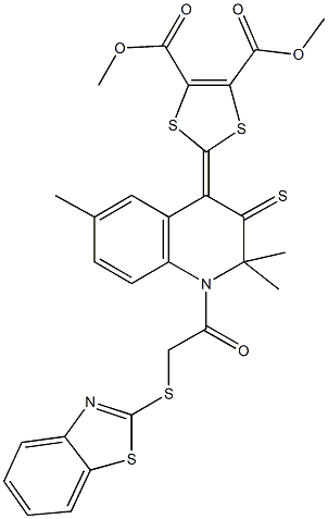 dimethyl 2-(1-[(1,3-benzothiazol-2-ylsulfanyl)acetyl]-2,2,6-trimethyl-3-thioxo-2,3-dihydro-4(1H)-quinolinylidene)-1,3-dithiole-4,5-dicarboxylate Structure