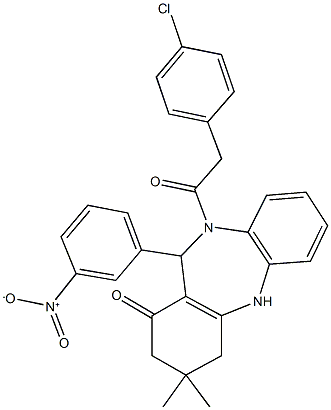 10-[(4-chlorophenyl)acetyl]-11-{3-nitrophenyl}-3,3-dimethyl-2,3,4,5,10,11-hexahydro-1H-dibenzo[b,e][1,4]diazepin-1-one Struktur