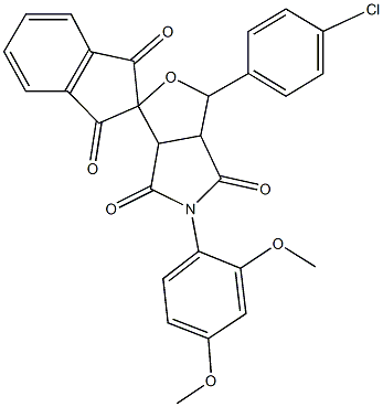 3-(4-chlorophenyl)-5-(2,4-dimethoxyphenyl)-1',3',4,6-tetraoxo-1,3,3a,4,6,6a-hexahydrospiro(1H-furo[3,4-c]pyrrole-1,2'-indane),,结构式