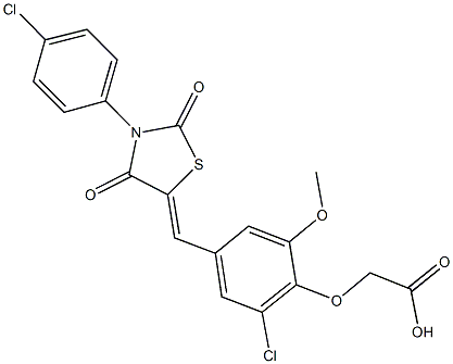 (2-chloro-4-{[3-(4-chlorophenyl)-2,4-dioxo-1,3-thiazolidin-5-ylidene]methyl}-6-methoxyphenoxy)acetic acid Struktur
