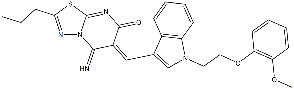 5-imino-6-({1-[2-(2-methoxyphenoxy)ethyl]-1H-indol-3-yl}methylene)-2-propyl-5,6-dihydro-7H-[1,3,4]thiadiazolo[3,2-a]pyrimidin-7-one Struktur