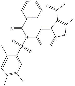N-(3-acetyl-2-methyl-1-benzofuran-5-yl)-N-benzoyl-2,4,5-trimethylbenzenesulfonamide Struktur