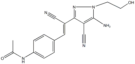 N-(4-{2-[5-amino-4-cyano-1-(2-hydroxyethyl)-1H-pyrazol-3-yl]-2-cyanovinyl}phenyl)acetamide Struktur