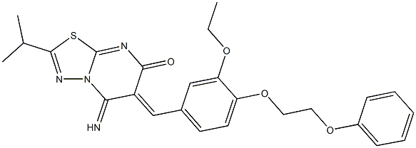 6-[3-ethoxy-4-(2-phenoxyethoxy)benzylidene]-5-imino-2-isopropyl-5,6-dihydro-7H-[1,3,4]thiadiazolo[3,2-a]pyrimidin-7-one Struktur