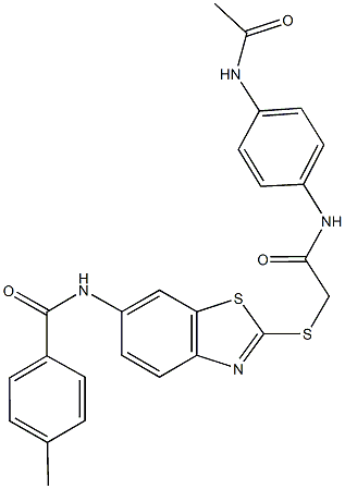 N-[2-({2-[4-(acetylamino)anilino]-2-oxoethyl}sulfanyl)-1,3-benzothiazol-6-yl]-4-methylbenzamide Structure