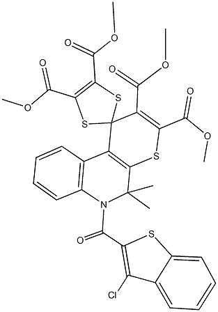 tetramethyl 6'-[(3-chloro-1-benzothien-2-yl)carbonyl]-5',5'-dimethyl-5',6'-dihydrospiro[1,3-dithiole-2,1'-(1'H)-thiopyrano[2,3-c]quinoline]-2',3',4,5-tetracarboxylate Struktur