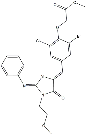 methyl (2-bromo-6-chloro-4-{[3-(2-methoxyethyl)-4-oxo-2-(phenylimino)-1,3-thiazolidin-5-ylidene]methyl}phenoxy)acetate Structure