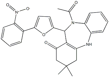 10-acetyl-11-(5-{2-nitrophenyl}-2-furyl)-3,3-dimethyl-2,3,4,5,10,11-hexahydro-1H-dibenzo[b,e][1,4]diazepin-1-one Structure
