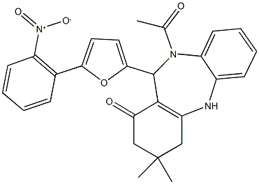 10-acetyl-11-(5-{2-nitrophenyl}-2-furyl)-3,3-dimethyl-2,3,4,5,10,11-hexahydro-1H-dibenzo[b,e][1,4]diazepin-1-one,,结构式