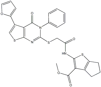 methyl 2-[({[5-(2-furyl)-4-oxo-3-phenyl-3,4-dihydrothieno[2,3-d]pyrimidin-2-yl]sulfanyl}acetyl)amino]-5,6-dihydro-4H-cyclopenta[b]thiophene-3-carboxylate Structure