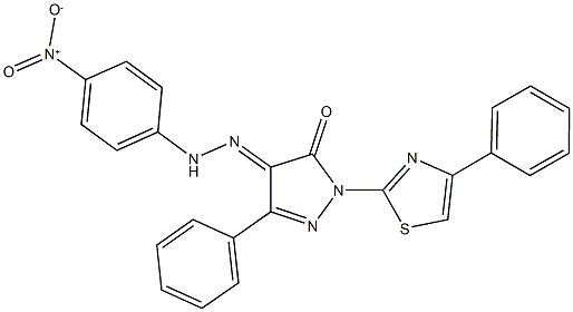 3-phenyl-1-(4-phenyl-1,3-thiazol-2-yl)-1H-pyrazole-4,5-dione 4-({4-nitrophenyl}hydrazone) Struktur
