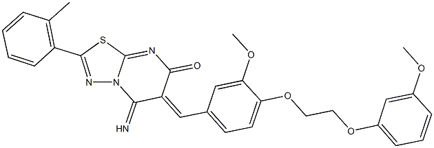 5-imino-6-{3-methoxy-4-[2-(3-methoxyphenoxy)ethoxy]benzylidene}-2-(2-methylphenyl)-5,6-dihydro-7H-[1,3,4]thiadiazolo[3,2-a]pyrimidin-7-one Struktur