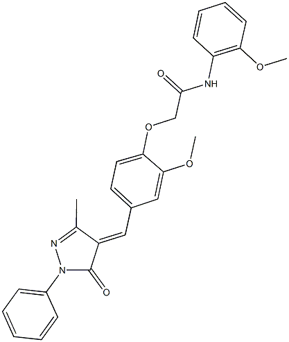 2-{2-methoxy-4-[(3-methyl-5-oxo-1-phenyl-1,5-dihydro-4H-pyrazol-4-ylidene)methyl]phenoxy}-N-(2-methoxyphenyl)acetamide Struktur