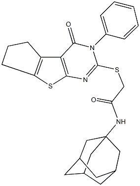 N-(1-adamantyl)-2-[(4-oxo-3-phenyl-3,5,6,7-tetrahydro-4H-cyclopenta[4,5]thieno[2,3-d]pyrimidin-2-yl)sulfanyl]acetamide Struktur