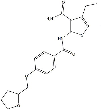 4-ethyl-5-methyl-2-{[4-(tetrahydro-2-furanylmethoxy)benzoyl]amino}-3-thiophenecarboxamide,,结构式