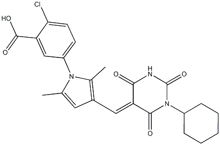 2-chloro-5-{3-[(1-cyclohexyl-2,4,6-trioxotetrahydro-5(2H)-pyrimidinylidene)methyl]-2,5-dimethyl-1H-pyrrol-1-yl}benzoic acid Struktur