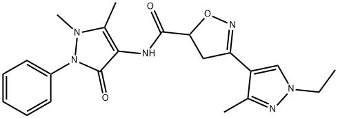 N-(1,5-ジメチル-2-フェニル-3-オキソ-2,3-ジヒドロ-1H-ピラゾール-4-イル)-3-(1-エチル-3-メチル-1H-ピラゾール-4-イル)-4,5-ジヒドロイソオキサゾール-5-カルボアミド 化学構造式