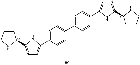 1H-咪唑, 5,5'-[1,1'-联苯]-4,4'-双[2-(2S)-2-吡咯烷盐酸盐 (1:4) 结构式