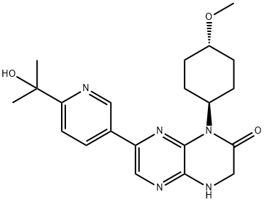 7-[6-(1-ヒドロキシ-1-メチルエチル)-3-ピリジニル]-1-(4β-メトキシシクロヘキサン-1α-イル)-3,4-ジヒドロピラジノ[2,3-b]ピラジン-2(1H)-オン 化学構造式
