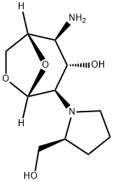 (1S,2S,3S,4R,5R)-2-amino-4-((S)-2-(hydroxymethyl)pyrrolidin-1-yl)-6,8-dioxabicyclo[3.2.1]octan-3-ol Struktur