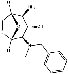 (1S,2S,3S,4R,5R)-2-amino-4-(benzyl(methyl)amino)-6,8-dioxabicyclo[3.2.1]octan-3-ol 化学構造式