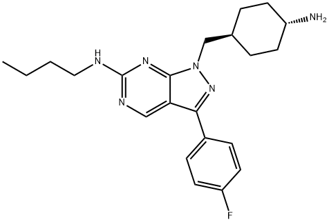 N-ブチル-1-(4β-アミノシクロヘキサン-1α-イルメチル)-3-(4-フルオロフェニル)-1H-ピラゾロ[3,4-d]ピリミジン-6-アミン 化学構造式