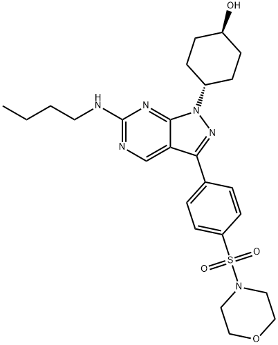 N-ブチル-1-(4-ヒドロキシシクロヘキシル)-3-[4-(モルホリノスルホニル)フェニル]-1H-ピラゾロ[3,4-d]ピリミジン-6-アミン 化学構造式