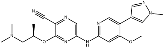 3-[(1R)-2-(二甲基氨基)-1-甲基乙氧基]-5-[[4-甲氧基-5-(1-甲基-1H-吡唑-4-基)-2-吡啶基]氨基]-2-吡嗪甲腈,1404095-34-6,结构式