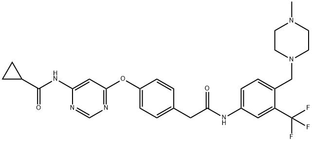 N-(6-{4-[({4-[(4-メチルピペラジン-1-イル)メチル]-3-(トリフルオロメチル)フェニル}カルバモイル)メチル]フェノキシ}ピリミジン-4-イル)シクロプロパンカルボキサミド 化学構造式