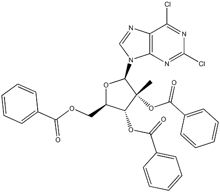2,6-ジクロロ-9-(2-C-メチル-2,3,5-トリ-O-ベンゾイル-Β-D-リボフラノシル)プリン 化学構造式