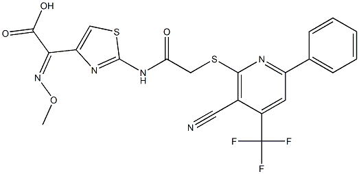 (2E)-2-[2-(2-{[3-cyano-6-phenyl-4-(trifluoromethyl)pyridin-2-yl]sulfanyl}acetamido)-1,3-thiazol-4-yl]-2-(methoxyimino)acetic acid Struktur