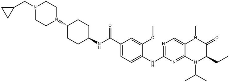 N-[反式-4-[4-(环丙基甲基)-1-哌嗪基]环己基]-4-[[(7R)-7-乙基-5,6,7,8-四氢-5-甲基-8-异丙基-6-氧代-2-蝶啶基]氨基]-3-甲氧基苯甲酰胺,755038-65-4,结构式