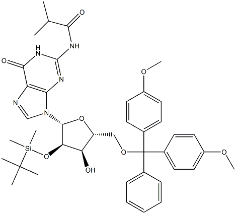 5′-O-(4,4′-ジメトキシトリチル)-2′-O-(tert-ブチルジメチルシリル)-N-イソブチリルグアノシン 化学構造式