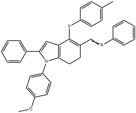 (1E)-1-[1-(4-methoxyphenyl)-4-[(4-methylphenyl)sulfanyl]-2-phenyl-6,7-dihydro-1H-indol-5-yl]-N-phenylmethanimine 化学構造式