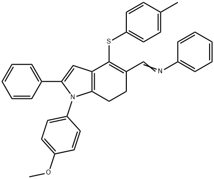 (1E)-1-[1-(4-methoxyphenyl)-4-[(4-methylphenyl)sulfanyl]-2-phenyl-6,7-dihydro-1H-indol-5-yl]-N-phenylmethanimine|