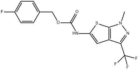 (4-fluorophenyl)methyl N-[1-methyl-3-(trifluoromethyl)-1H-thieno[2,3-c]pyrazol-5-yl]carbamate Struktur