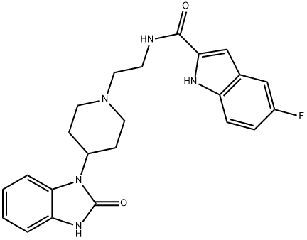 N-[2-[4-(2-オキソ-2,3-ジヒドロ-1H-ベンゾイミダゾール-1-イル)ピペリジノ]エチル]-5-フルオロ-1H-インドール-2-カルボアミド 化学構造式