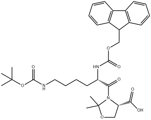 (4S)-3-[(2S)-6-[[叔丁氧羰基]氨基]-2-[[芴甲氧羰基]氨基]-1-氧代己基]-2,2-二甲基-4-恶唑烷羧酸, 957780-54-0, 结构式