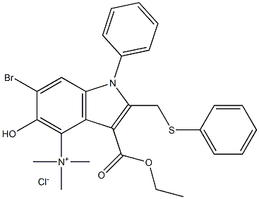 [6-bromo-3-ethoxycarbonyl-5-hydroxy-1-phenyl-2-(phenylsulfanylmethyl)indol-4-yl]methyl-dimethylazanium chloride Struktur