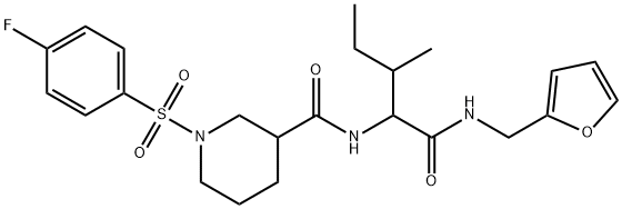 1-(4-fluorophenyl)sulfonyl-N-[1-(furan-2-ylmethylamino)-3-methyl-1-oxopentan-2-yl]piperidine-3-carboxamide Struktur