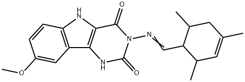 8-methoxy-3-[(E)-(2,4,6-trimethylcyclohex-3-en-1-yl)methylideneamino]-1,5-dihydropyrimido[5,4-b]indole-2,4-dione Structure