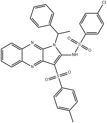 4-chloro-N-[3-(4-methylphenyl)sulfonyl-1-(1-phenylethyl)pyrrolo[3,2-b]quinoxalin-2-yl]benzenesulfonamide 化学構造式