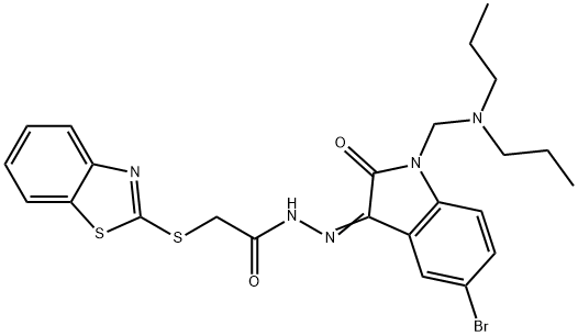 2-(1,3-benzothiazol-2-ylsulfanyl)-N-[(E)-[5-bromo-1-[(dipropylamino)methyl]-2-oxoindol-3-ylidene]amino]acetamide Structure