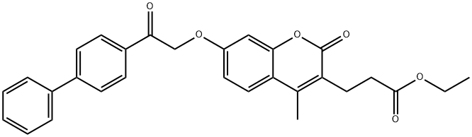 ethyl 3-[4-methyl-2-oxo-7-[2-oxo-2-(4-phenylphenyl)ethoxy]chromen-3-yl]propanoate Struktur