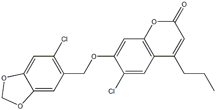 6-chloro-7-[(6-chloro-1,3-benzodioxol-5-yl)methoxy]-4-propylchromen-2-one Struktur