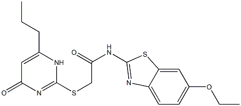 N-(6-ethoxy-1,3-benzothiazol-2-yl)-2-[(4-oxo-6-propyl-1H-pyrimidin-2-yl)sulfanyl]acetamide 结构式